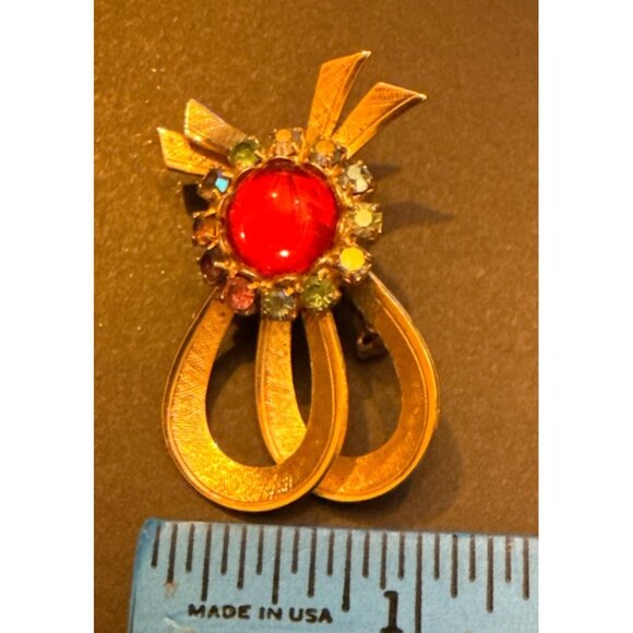 Vintage Jelly Belly Red Rhinestone Bow Brooch Pin Gold-Tone Metal With Multicolo - Picture 7 of 9